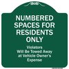 Signmission Numbered Spaces Residents Only Violators Will Be Towed Away At Vehicle Owners Expense, GW-1818-9942 A-DES-GW-1818-9942